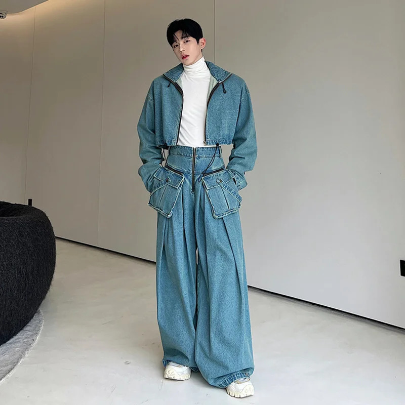 IEFB Two-piece Trendy Zipper Short Jacket Wide Leg Trousers Big Pocket Autumn Mens Wear Personality Denim Pants Set 9C1543 250220