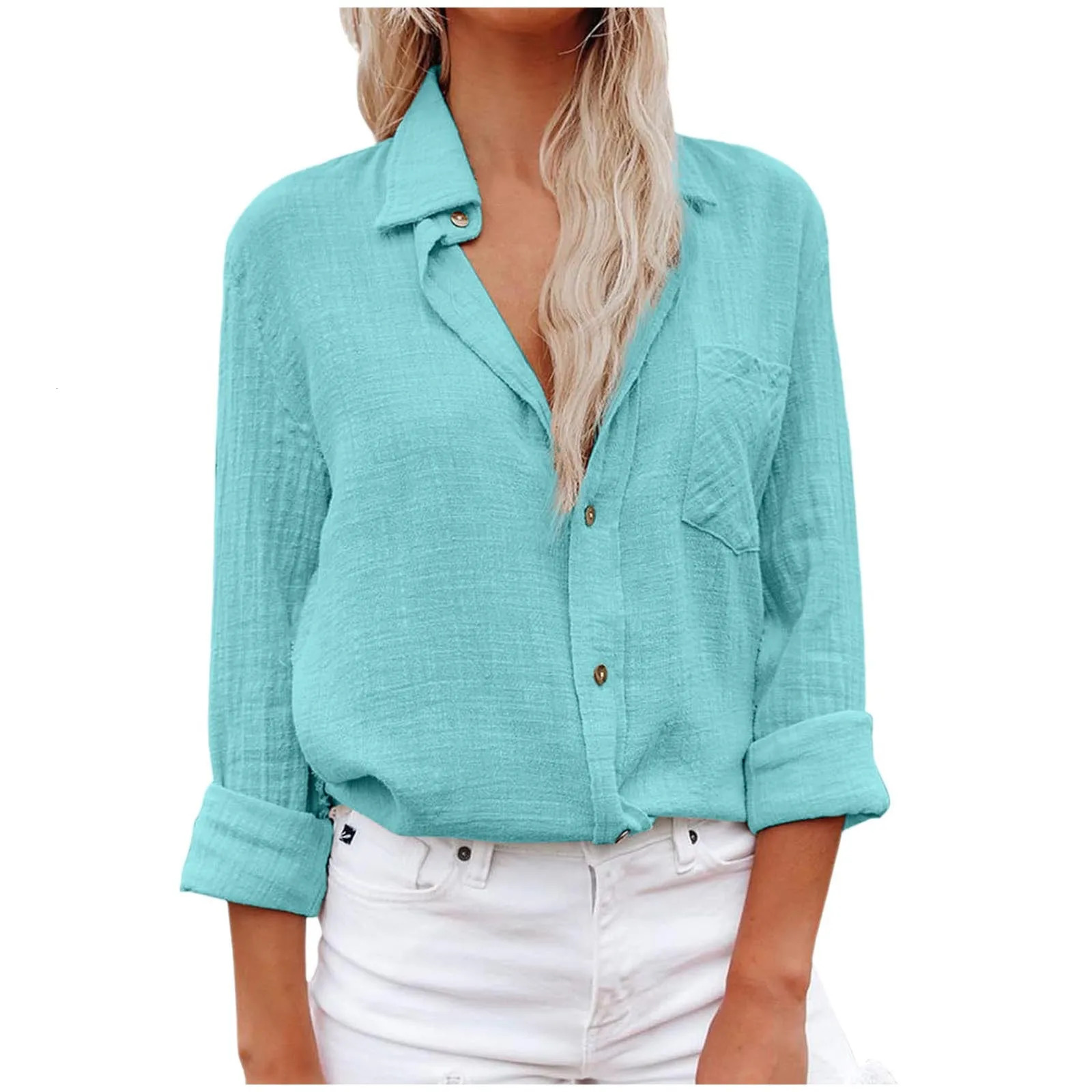 Womens Cotton Linen Tops Shirts Long Sleeve Blouses Office Lady Solid Casual Tunics Lapel SingleBreasted Shirt Blusas 250219