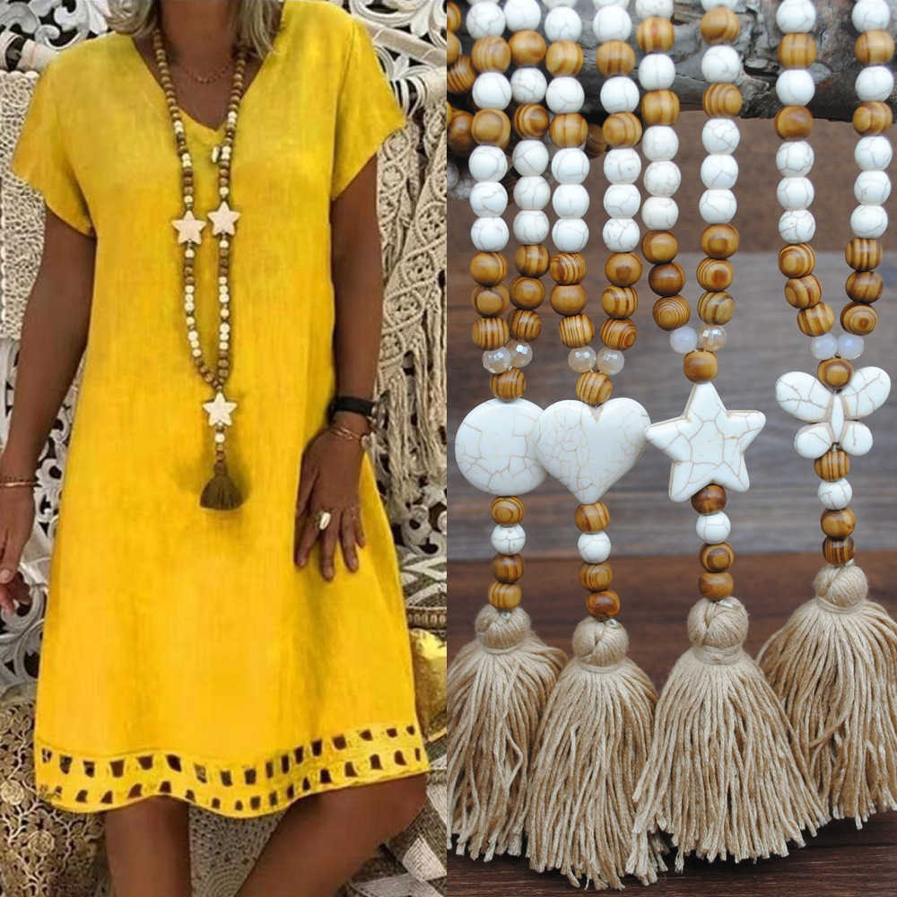 Pendant Necklaces Bohemian style jewelry Shein accessories tassel sweater chain necklace womens string wooden bead long necklace H25219