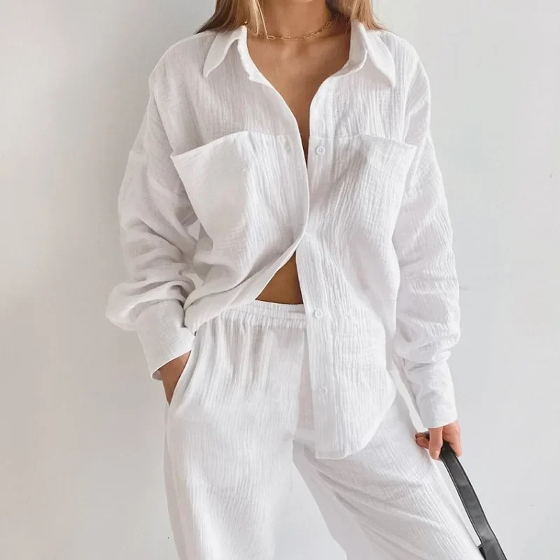 Muslin Womens Pajamas 100%Cotton Long Sleeve 2 Piece Sets Nightwear Female Casual Trouser Suits Spring Sleepwear Home Suit 250219