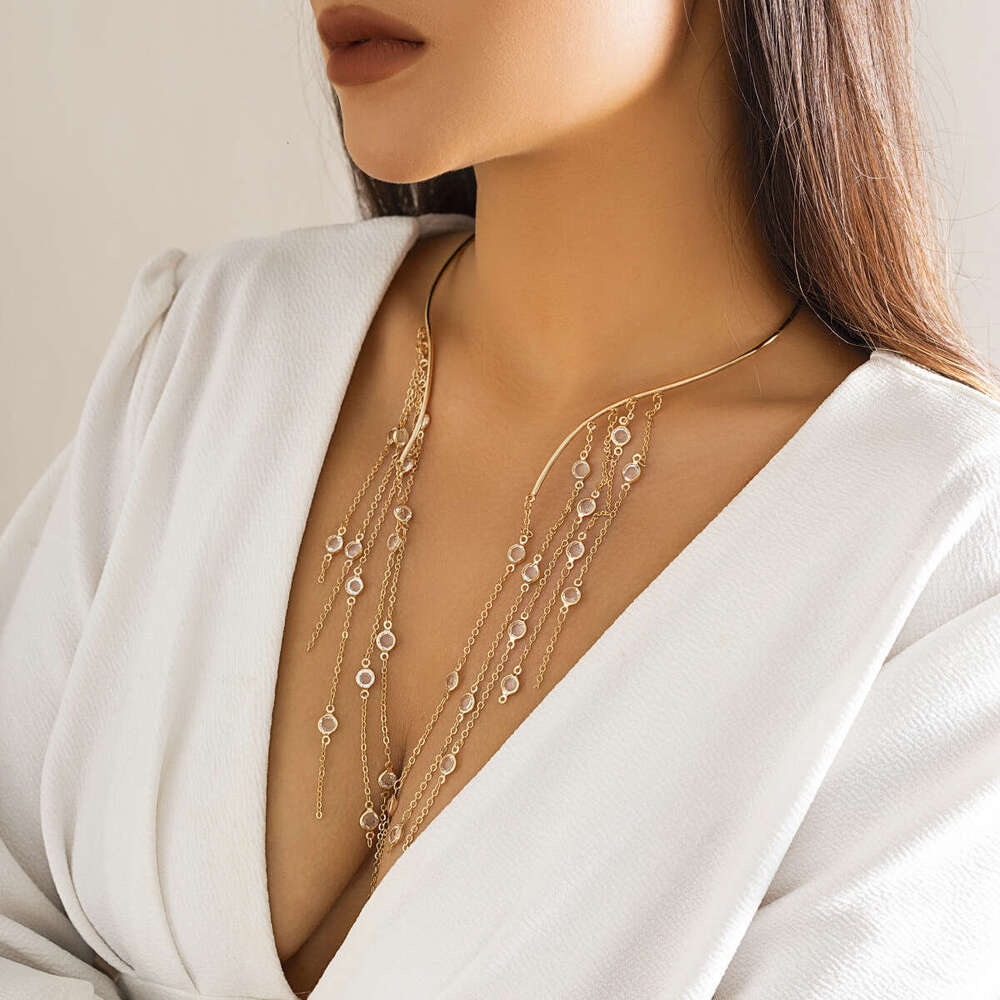 Exaggerated long tassel opening punk collar with imitation pearl choker neck chain necklace for women