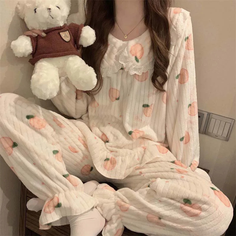 Cartoon Pajama Sets Womens Pyjamas Warm Flannel Sleepwear Girl Pajama Set Suit Pant Home Korean Peach Sleep Lace Sleepwear 250219