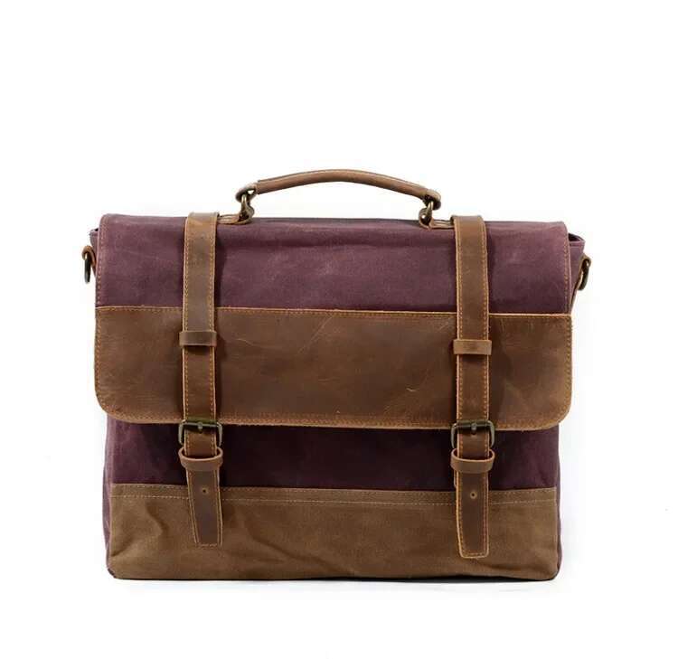 New Waterproof Oil Wax Canvas With Leather Briefcase Retro Business Men's Shoulder Messenger Portable Patchwork Bag