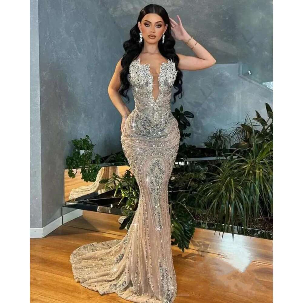 Sleeveless Mermaid Prom V-neckline, sequins, trimmed, 3D Render, Hollow, Up to the floor, Diamonds, Sexy Dresses, Appliques