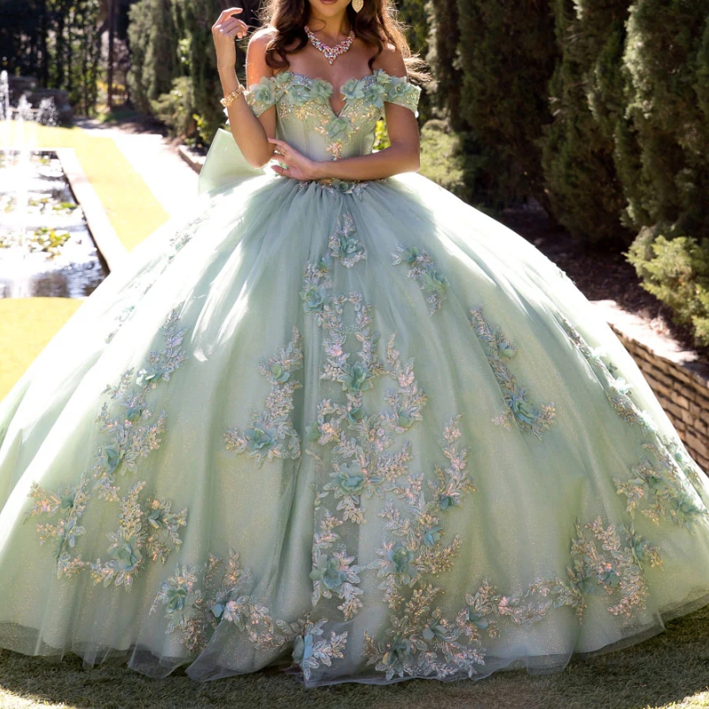 Sage Green Shiny Quinceanera Dresses Ball Gown Off Shoulder Appliques Flower Bow Beads Tull Sweet 16 Dress Vestidos 15 De Anos