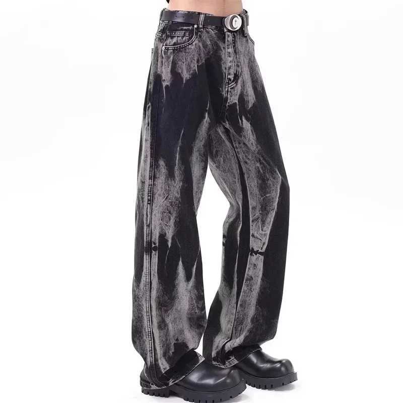 American Goth Black Tie-dye Jeans For Men Hip Hop Fashion Gradient Wide-leg Denim Pants 2025 New Y2K Vintage Baggy Jean Hombre X250220