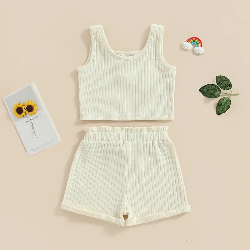 -05-07 Lioraitiin 0-8Years Kid Girls 2Pcs Summer Pants Suit Sleeveless Knitting Vest Tops Solid Drawstring Shorts 250219