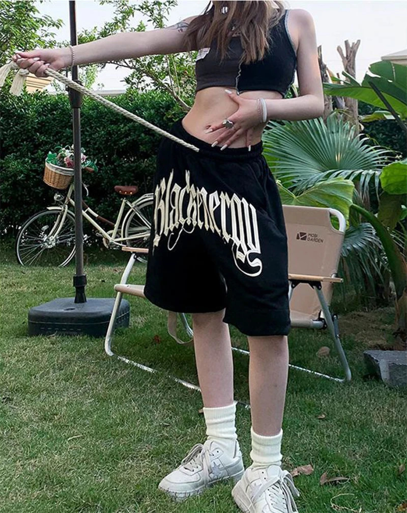 y2k Summer shorts American High Street alphabet print black womens Shorts Loose draw rope wide Leg Pants Sports shorts 250219