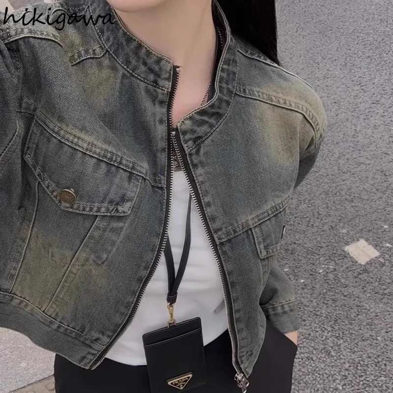 Korean Jackets Women's Clothing Stand Neck Long Sleeve Denim Y2k Tops Casual Fashion Zipper Crop Coats 2024 Ropa Mujer