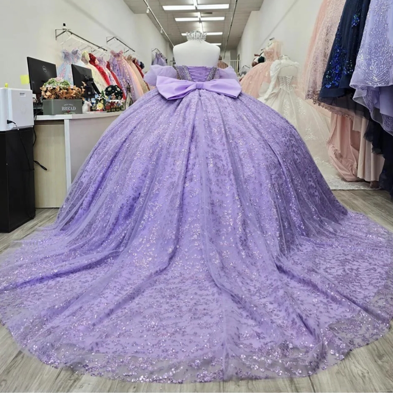 Lavender Shiny Quinceanera Dresses Ball Gown Off The Shoulder Sequin Applique Lace Beading Crystal Bow Tull Party Birthday Sweet 16 Dress Vestido De 1