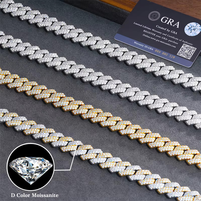10/12/16/19MM Two Rows VVS Iced Out Dia Sterg Sier Men Necklace Miami Moissanite Cuban k Chain