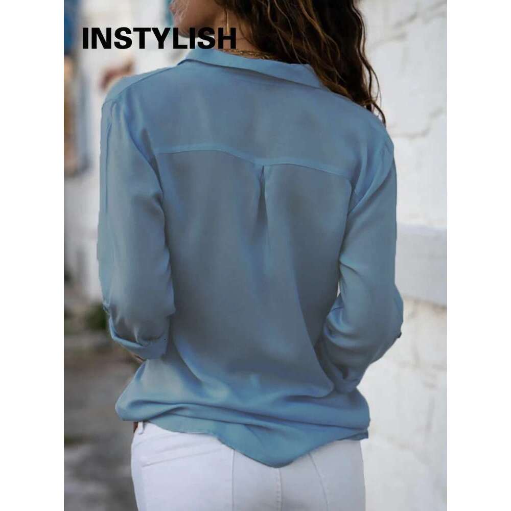 Women Solid And Shirt Elegant Long Sleeve V Neck Chiffon Blouse Office Lady Loose Tunics Oversized Tops