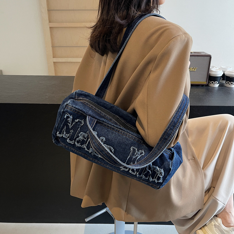 Korean Matinkim Denim Casual Underarm Shoulder Bag, Trendy And Cool, Large Capacity Bowling Tote Bag
