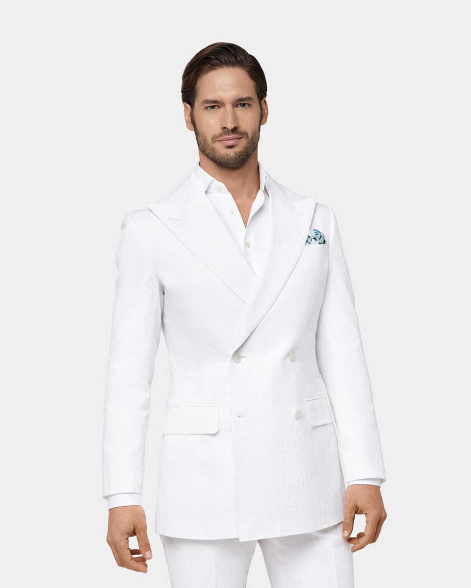 White Men Wedding Tuxedos Customized Double Breasted Peaked Lapel Business Groom Pants Suits Fashion Show Wear 2 Pieces