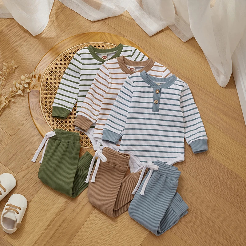 Ribbed Stripe Baby Boy Girls Clothes Fall Toddler Outfits Long Sleeve Soft Cotton Romper Pants 2PCS Set For Infant Outwear 250219