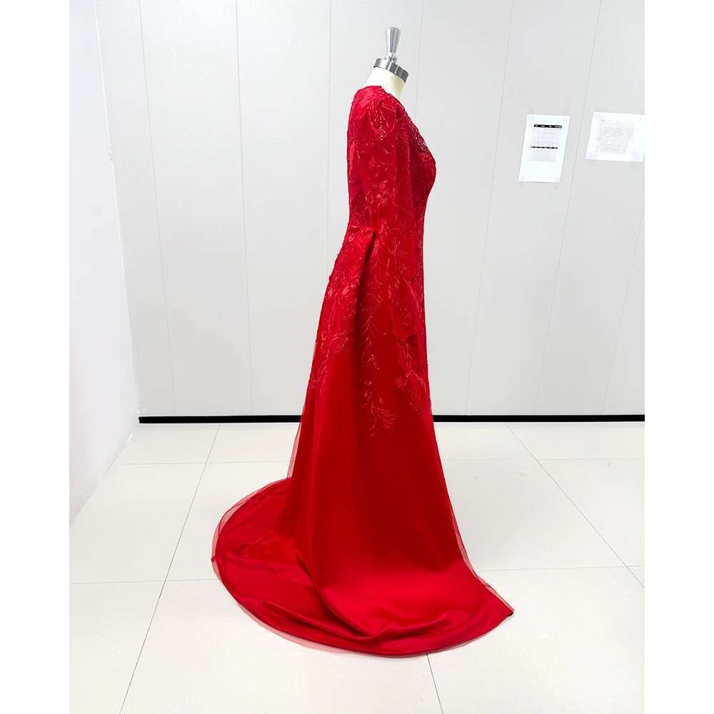 Red Tulle Beads Applique Train Detachable Long Sleeve Sweetheart Up To The Floor Formal Casual For Woman 2025 prom