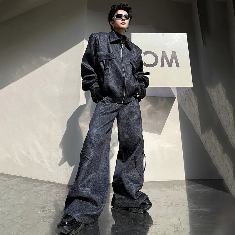 LUZHEN Original er Handsome High Street Multi Pockets Belt Mens Jacket Casual Pants Two-piece Sets LZ6420 250220