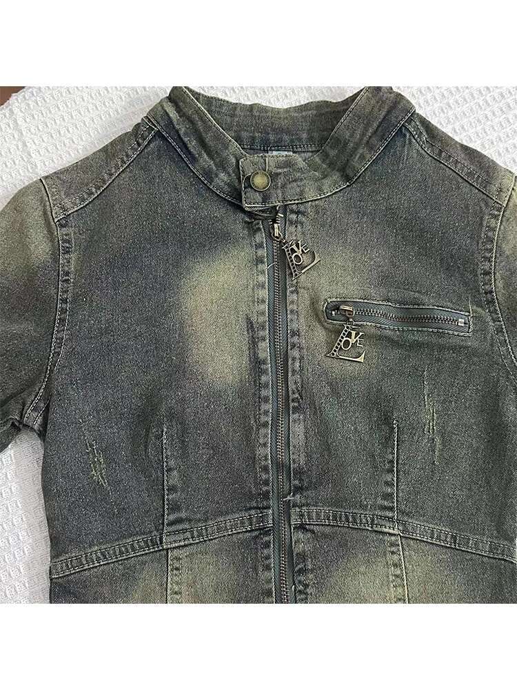 2023 Autumn Women Jean Cropped Jacket Haruku Fashion Cowboy Coat American Vintage Outwear Y2k Japanese Grunge Slim Denim Tops