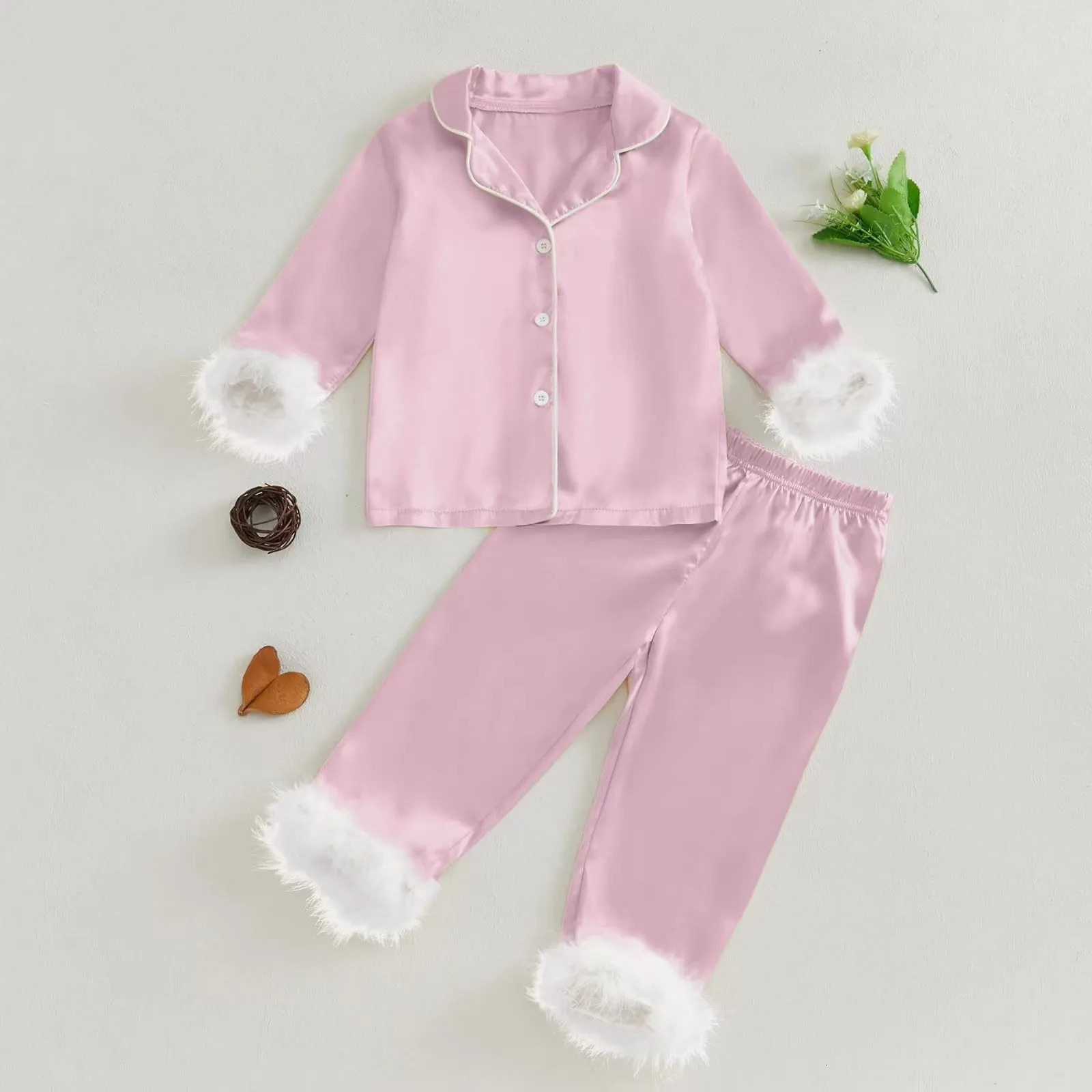 Children Kids Christmas Sleepwear Set Satin Long Sleeve Lapel Tops Elastic Waist Pants 2 Piece Pajamas Feather Trim Shirt Outfit 250219