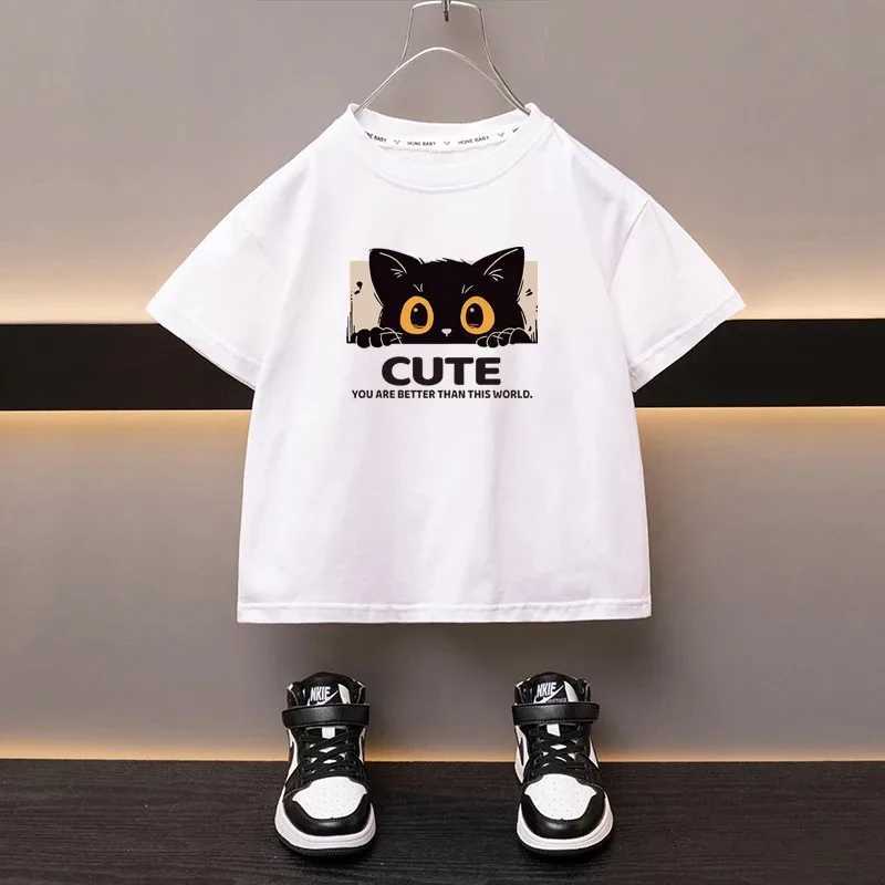 T-shirts 100% Cotton Childrens T-Shirt Japanese Cartoon Cute Cat Girl Top High Quality Boys Crew Neck Black T-Shirt Printed Clothing H250220