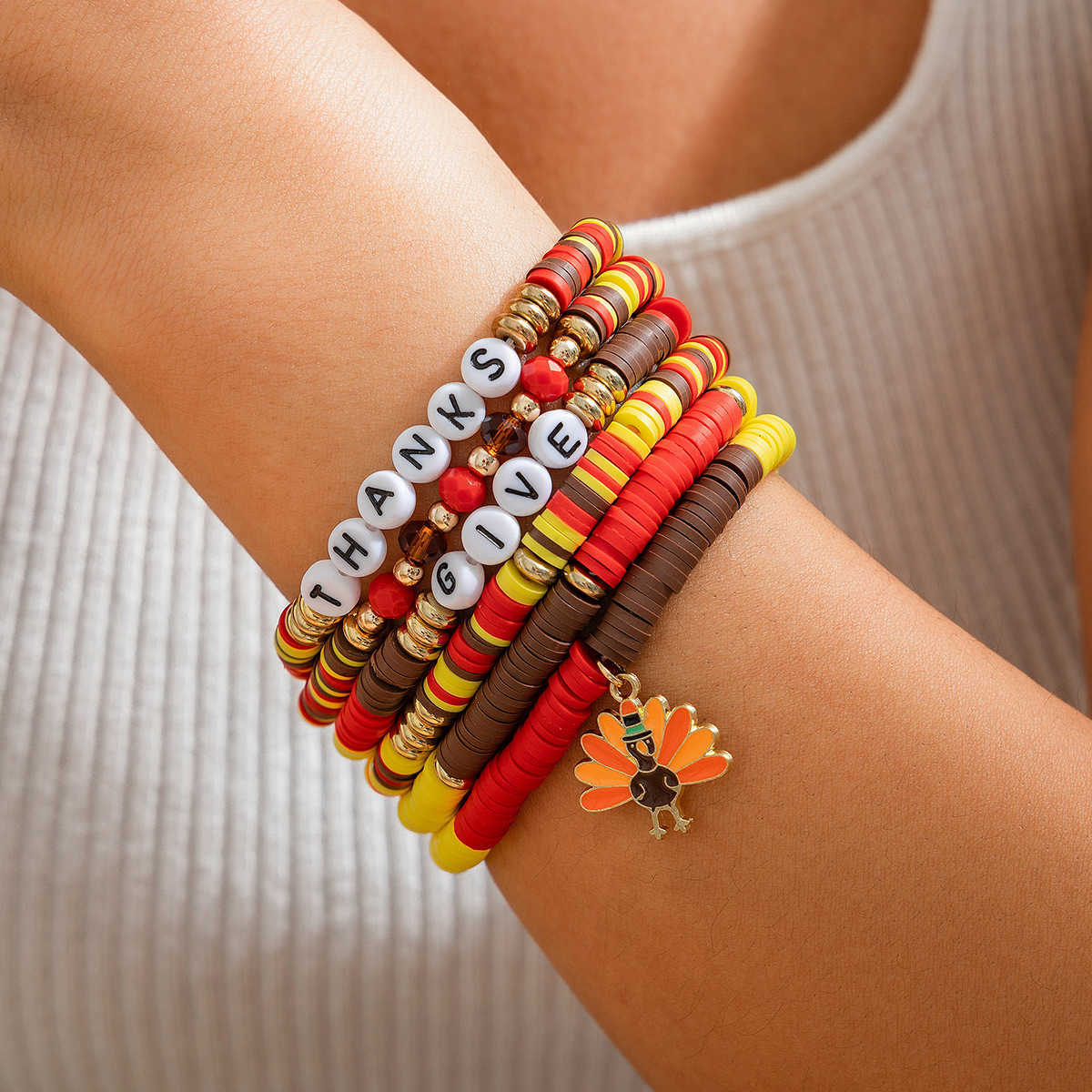 Charm Bracelets Thanksgiving Maple Leaf Acrylic Bracelet Creative Handmade Soft Ceramic Bead Bracelet Set H25220