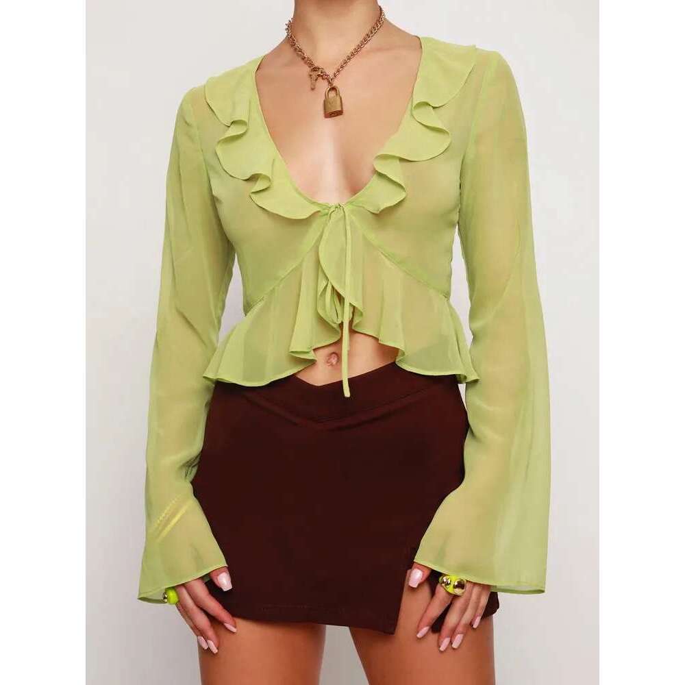 Women See Through Blouse Crop Mesh Sheer Tie Up Long Flare Sleeve V Neck Ruffle Tops Summer Sexy Casual Shirts Female Top