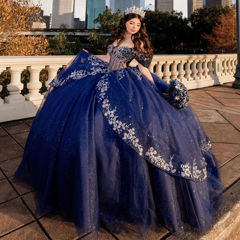 Navy Blue Shiny Quinceanera Dresses Ball Gown Off The Shoulder Applique Lace Beading Tull Party Birthday Sweet 16 Dress Vestidos 15 anos