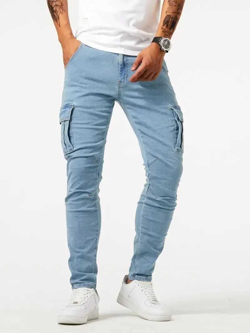2025 Street Elastic Jeans Mens Denim Cargo Pants Wash Solid Color Multi Pockets Casual Mid Waist Trousers Slim Daily Wear Joggers X250220