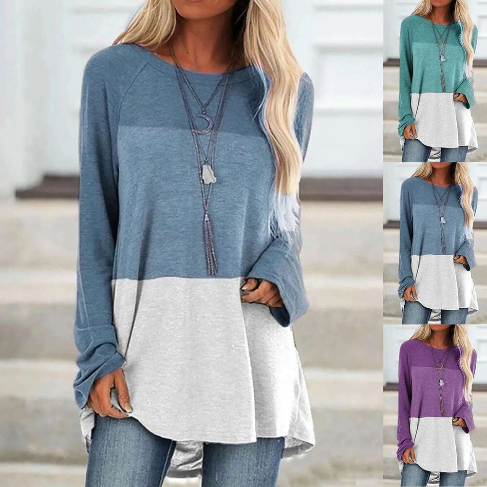 Womens Tops Fashion Pattern Splicing Long Sleeves Round Neck Tunic Tees Casual Loose Blouse