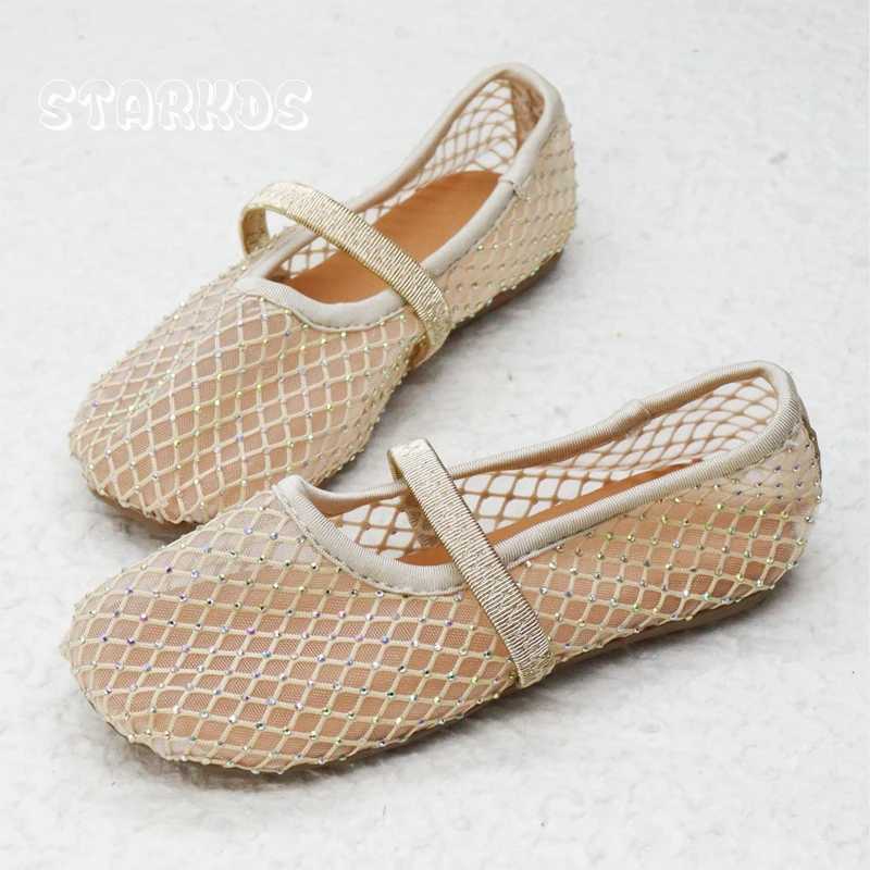 Luxury Lace Mesh Ballet Flat Kid Girls Elegant Brand Design Rhinestones Covered Fishnet Ballerina Shoes Children Dress Shoes X2502201