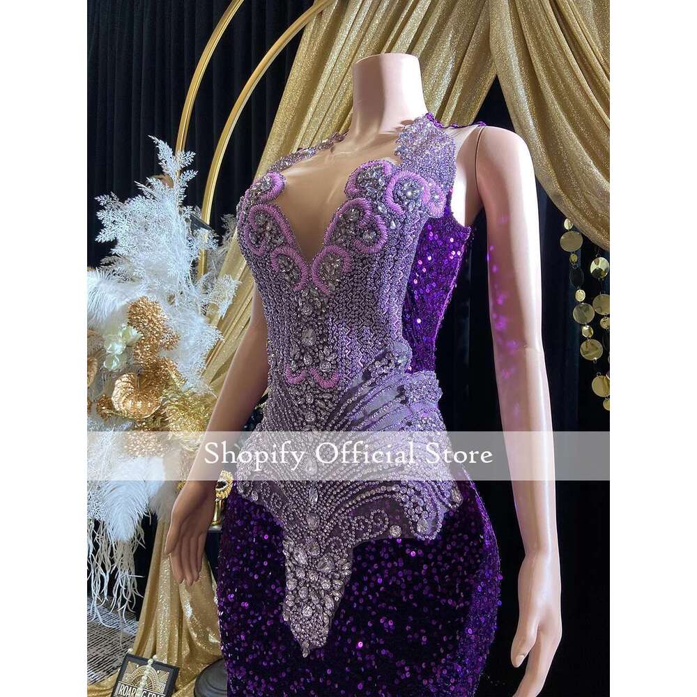 Sparkly Purple Sequins Mermaid Ball Dress Black Girls 2025 The Rhinestone Crystal Feather Long Prom Custom Birthday Dresses