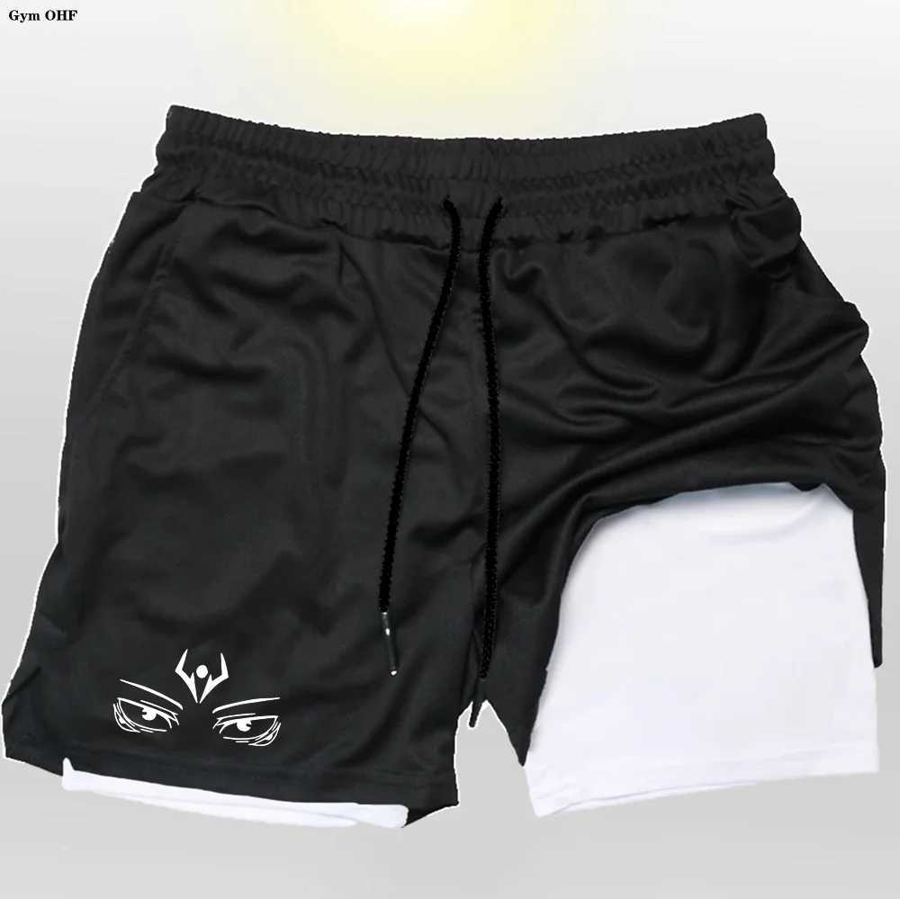 Anime Mens Shorts Double Layer Fitness Shorts Men Gym Training 2 in 1 Sport Shorts Quick Dry Workout Jogging Double Deck Summer X250220
