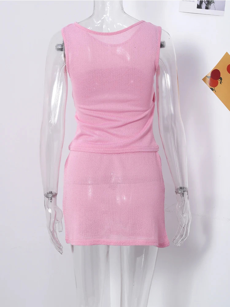 Sexy Mini Skirts Suit Women Knitted Sleeveless Slim Crop Top Low Waist Mini Skirt Sets Summer Street Beach Set 2 Piece Lady 250220