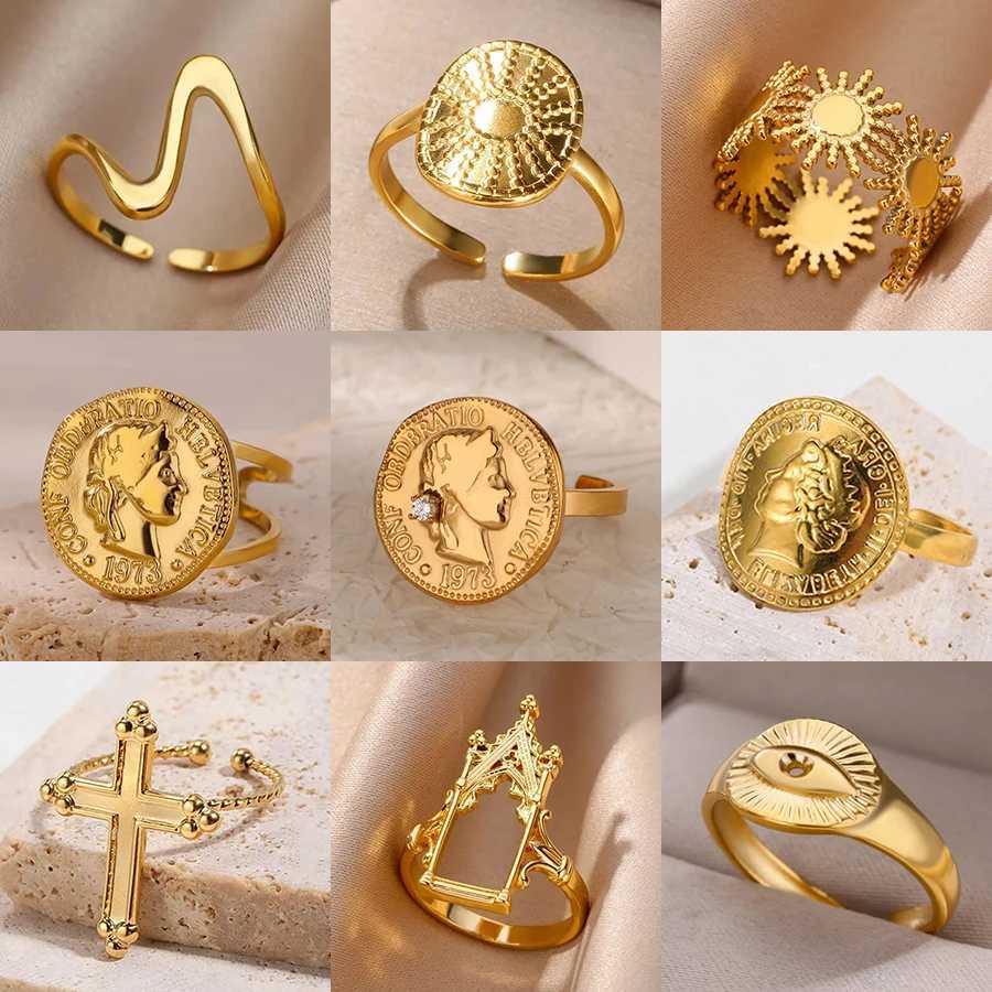 Vintage Greek goddess Arethusa coin ring imitation pearl zircon moon stainless steel ring fashion jewelry X250220