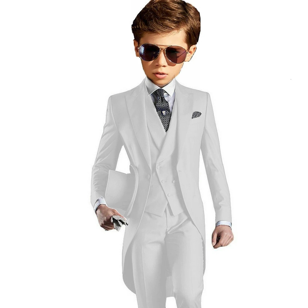 Light Grey Boys Suits Long Tuxedo Jacket Pant Vest Tailcoat 3-Piece Suit Wedding Dress Kids Formal Business Blazer 250219