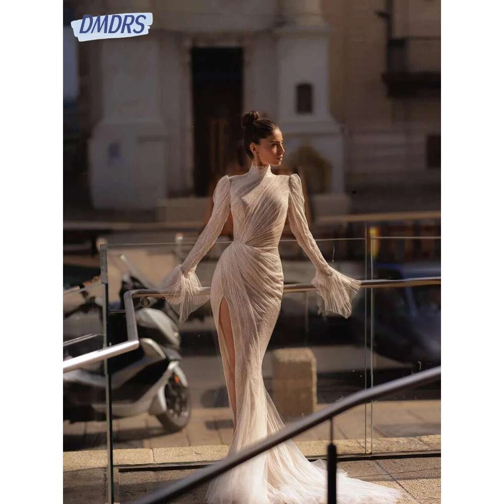 Romantic Wedding Dresses with High Neck, Lace Appliques, Dress, Mermaid, Floor Length, Custom Bridal Dress