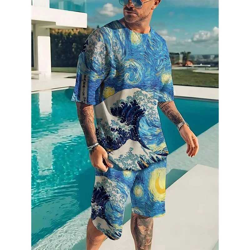 Men's Tracksuits Van Gogh Starry Night Painting 3D Printing Mens Track Clothing Set Mens Street Clothing Shorts 2-piece Sportswear Mens Clothing 