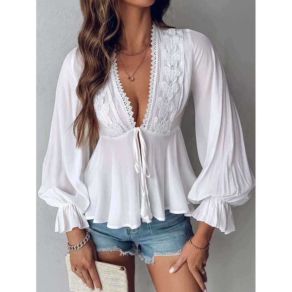 French Vintage Lace V-Neck Long Sleeve Lace-Up Waist Blouse Chic Design Short Top Autumn Women's Wear