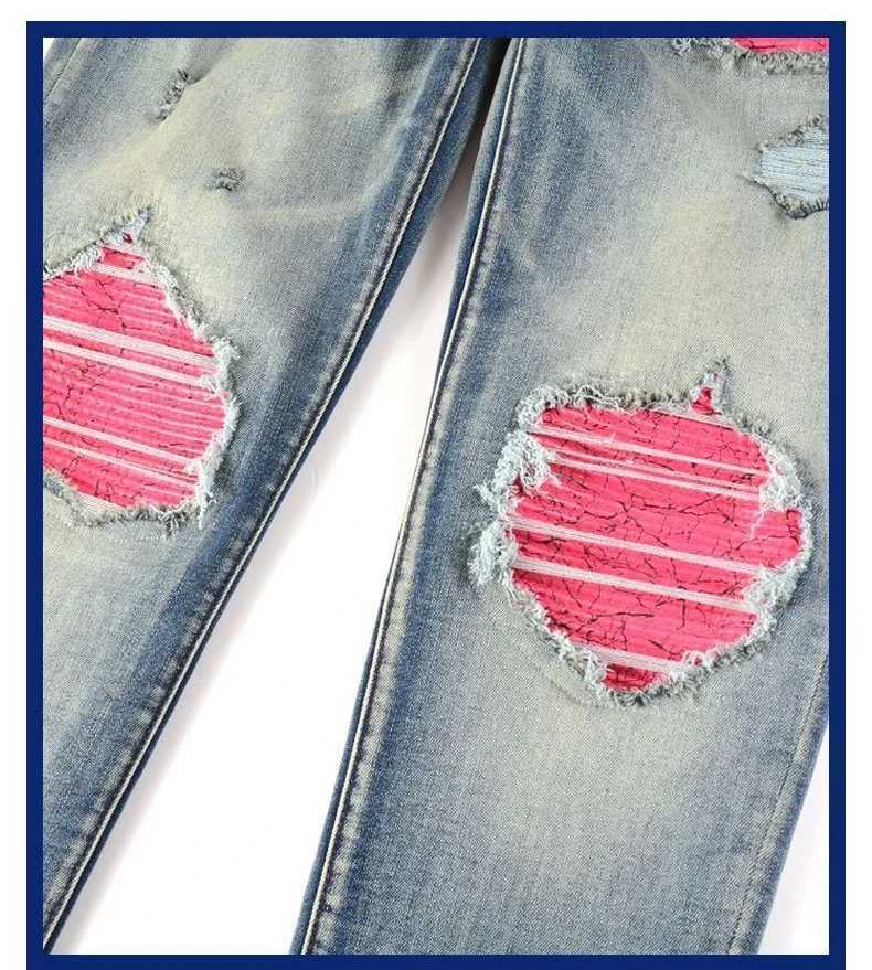 Hole Jeans Mens Patchwork Ankle Length Trousers Washed Denim Pencil Pants Mid Waist Vintage Distressed Autumn Street Denims X250220