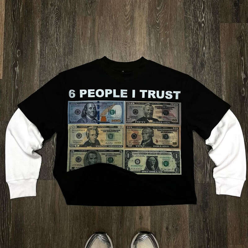 Round neck long sleeved T-shirt, hip-hop street trend printed pattern, fake two loose casual outfits