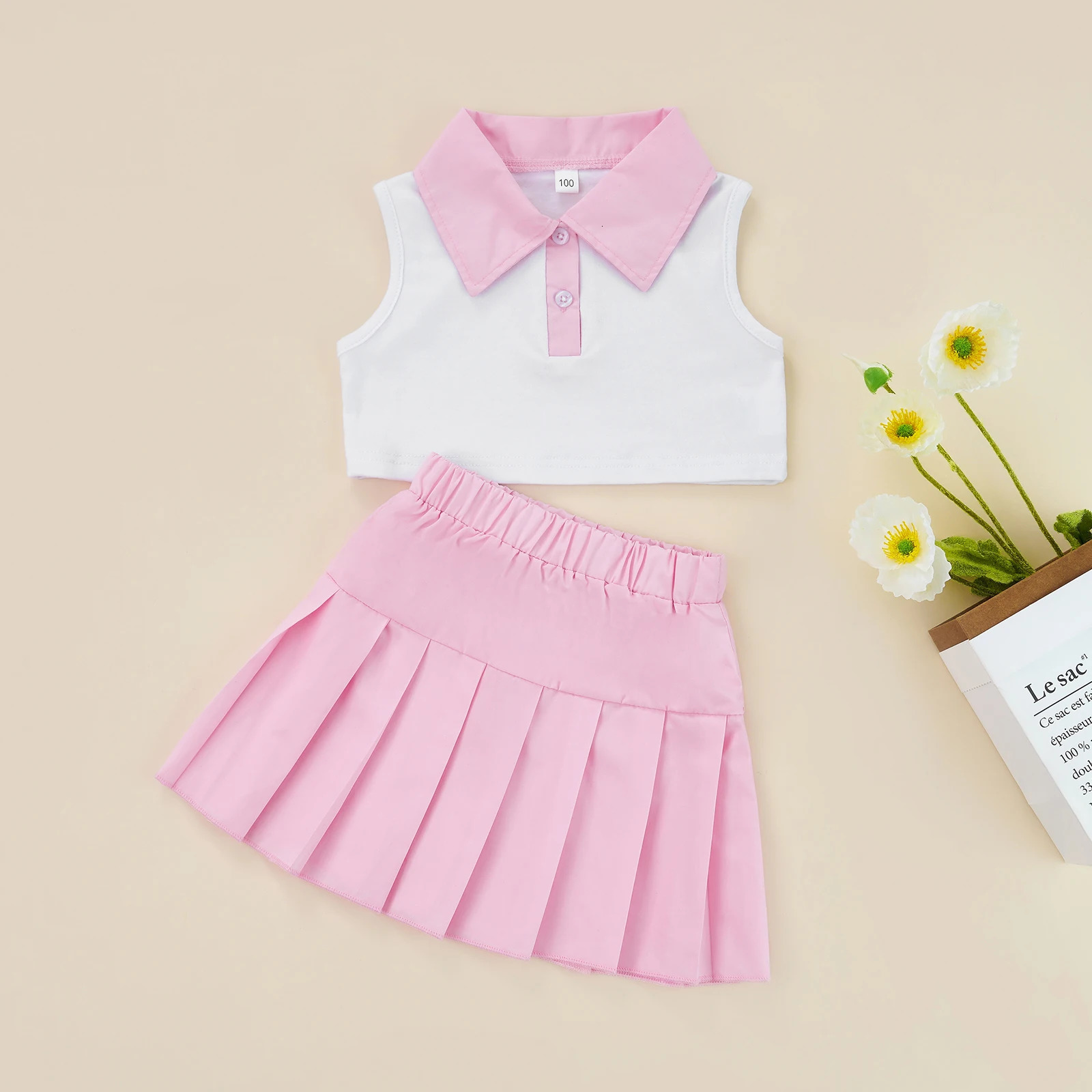 2Pcs Baby Girls Summer Outfits Patchwork Lapel Buttons Sleeveless Tank Tops Pleated Skirt Set for Kids 2-7 Years 250219