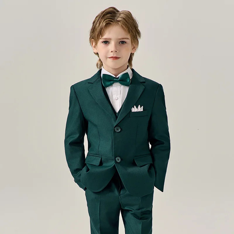 Child Green Formal Slim Fit Suit Set Boys Wedding Birthday Performance Pography Costume Kids Blazer Vest Pants Bowtie Outfit 250219
