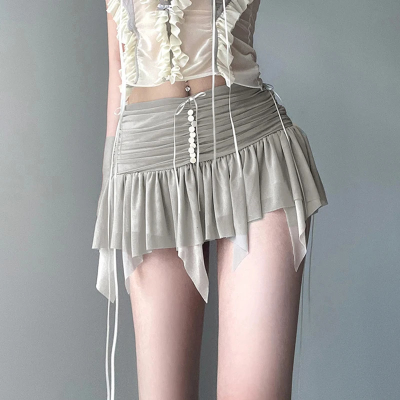 CIBBAR Folds Transparent Mesh Mini Skirt Y2k Irregular Low Rise Patchwork Pleated Skirts for Women Vintage 90s Clothing Ladies 250220