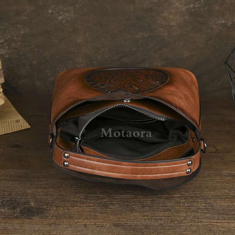 MOTAORA New Vintage Chinese Style Women's Shoulder Bag Emed Handmade Leather Crossbody Bucket Bags Mother's Handbag Purse