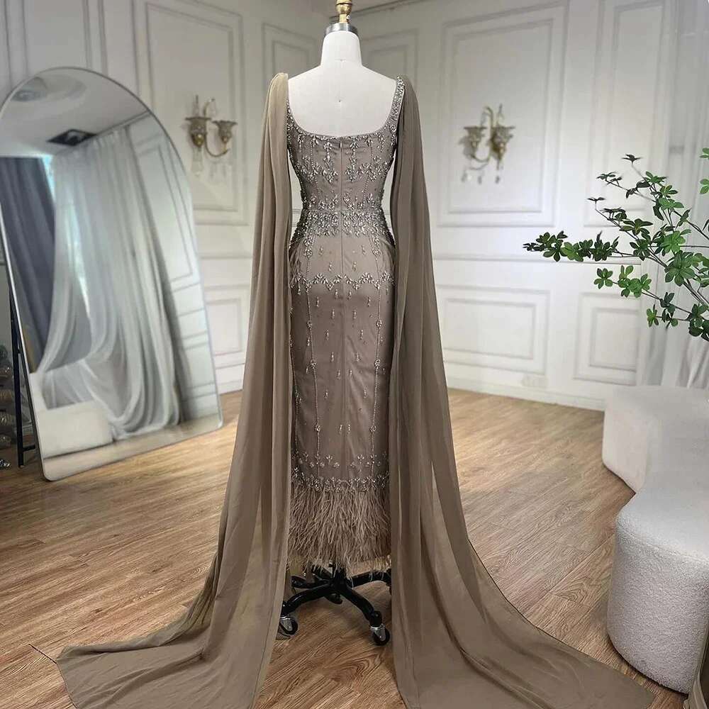 Mermaid Caramel Ankle Length Evening Dresses Gowns Beaded Feather Evening Party Customize