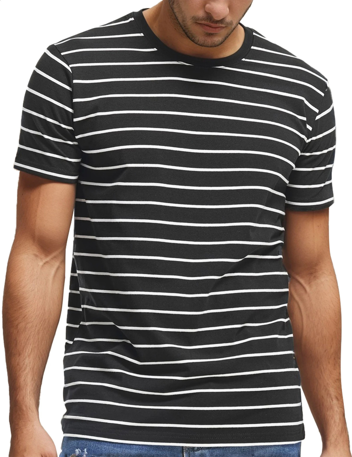 Mens Crew Neck Striped Short Sleeve T-Shirt - Comfortable and Soft Cotton Fabric for Casual Summer Outfits 250217