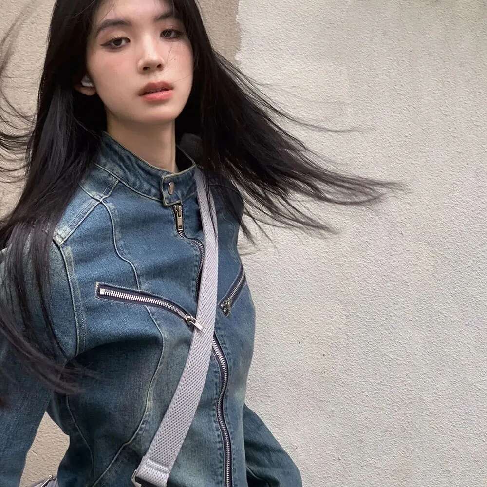 2024 Autumn Streetwear Denim Jackets Women Y2k Sexy Retro Washed Slim Chic Zip-up Coat Tender Personality Hotsweet Jeans Tops