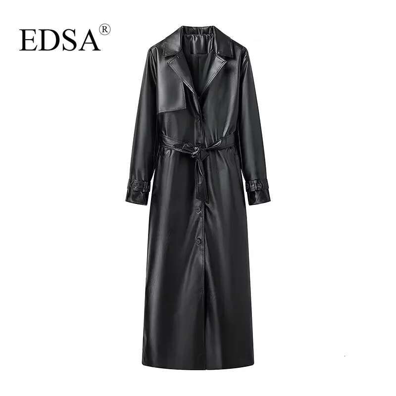 EDSA Women Faux Leather Jacket Coat With Belt For Autumn Winter Loose Long Windbreaker Trench Vintage Outerwear