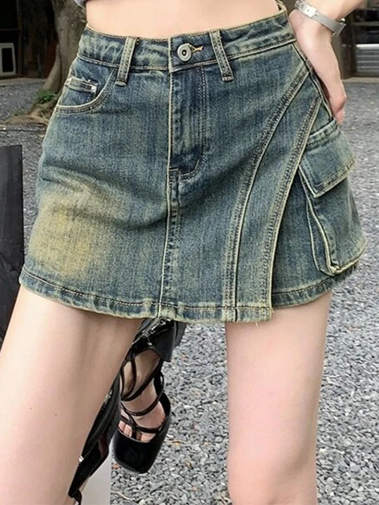 Womens Irregular Sexy Cowboy Shorts Womens Korean Retro Nightclub Mini Shorts Skirts Girls Blue Hip Wrap A-line Culottes 250219
