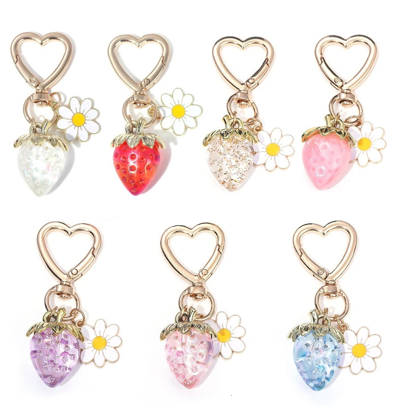 Cute strawberry keychains bag charms heart flower daisy key chains accessories decor for girls purse gift womens gifts accessory 250214